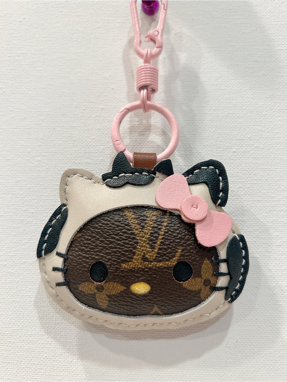 Upcycled LV Monogram Hello Kitty Bag Charm Keychain New Cow Costume Pink Bow